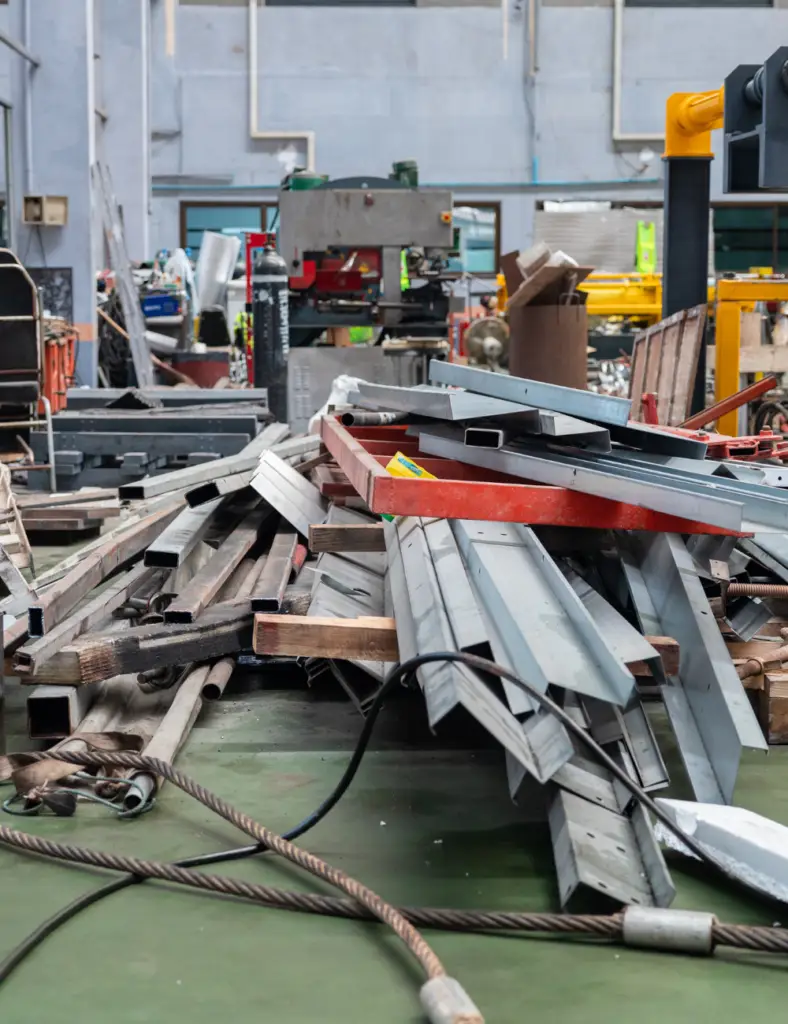 Metallschrott und Stahlprofile in einer Werkhalle zur Weiterverarbeitung und fachgerechten Entsorgung