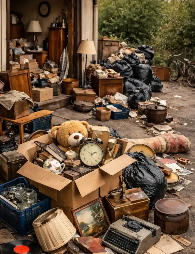 Haushaltsauflösung mit Sperrmüll, Möbeln und Kartons vor einem Haus zur fachgerechten Entsorgung